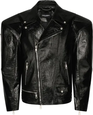Padded-Shoulder Leather Biker Jacket