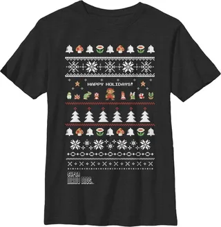 Boy's Nintendo Ugly Christmas Super Mario Happy Holidays T-Shirt - Black - Medium