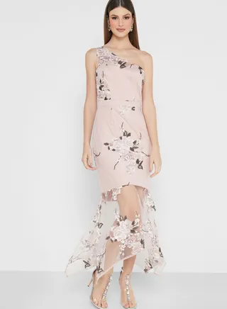 One Shoulder Embroidered Bodycon Dress
