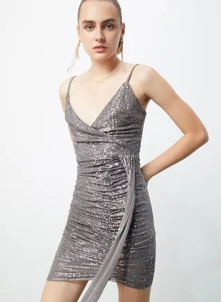 Ruched Detail Sequin Wrap Dress