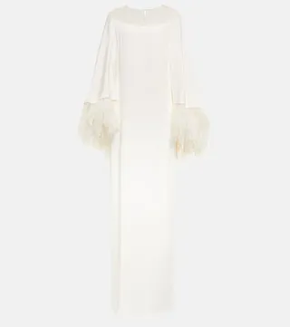 Feather-trimmed silk dress
