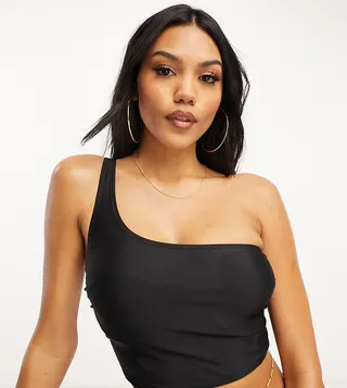 Ivory Rose Fuller Bust mix & match one shoulder long line crop bikini top in black