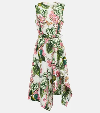 Floral asymmetric cotton-blend midi dress