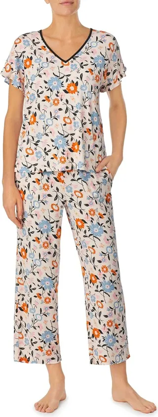 Floral Short Sleeve Crop Knit Pajamas