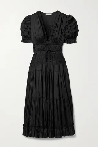 Ulla Johnson - Carine Ruffled Gathered Satin Midi Dress - Black