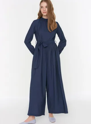 Pleated Tie Detail Wide Leg Jumpsuit