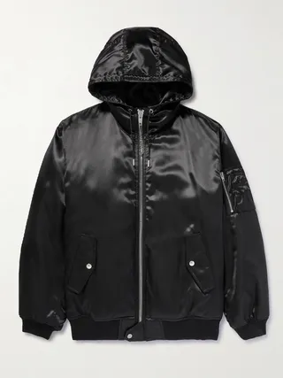 Oversized Chain-Embellished Logo-Print Nylon Hooded Bomber Jacket