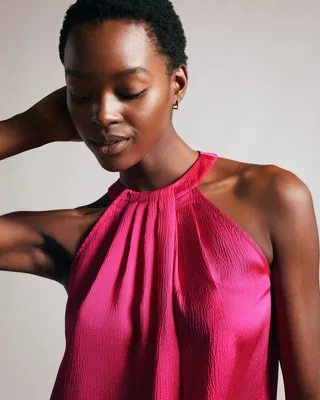 Pleated Satin Halter Neck Top in Bright Pink