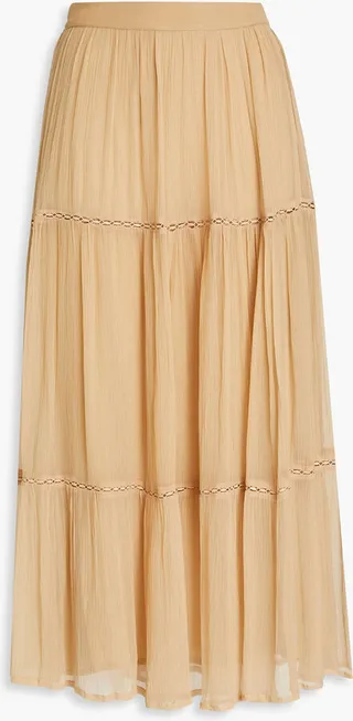 Gardenia Eden crochet-trimmed crepon midi skirt
