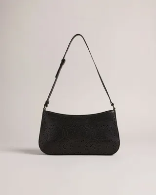 Laser Cut Magnolia Shoulder Bag in Black