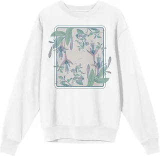 Fuchsia Flower Crew Neck Long Sleeve White Adult Sweatshirt-Small