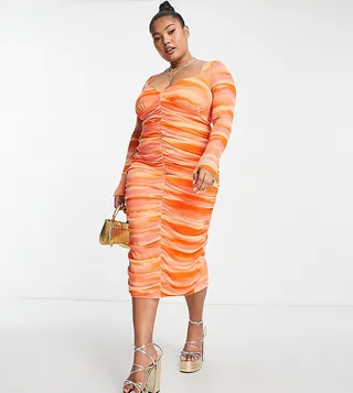 ASOS DESIGN Curve v neck ruched midi dress in orange tie dye