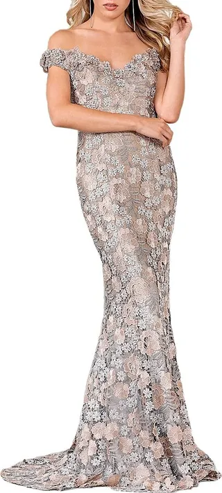 Floral Off Shoulder Embroidered Gown