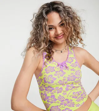 COLLUSION hibiscus print tank top with trim in multi