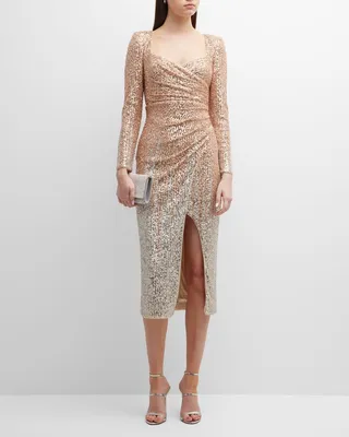 Ombre Sequin Faux-Wrap Midi Dress