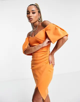 ASOS DESIGN sweetheart neck wrap tuck off shoulder bardot midi dress in orange