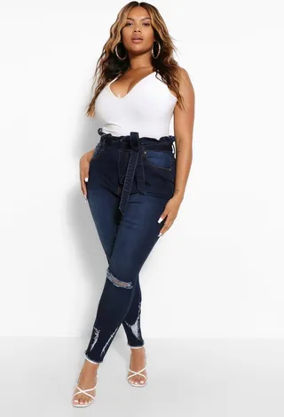 Plus High Waisted Belted Distressed Skinny Jeans