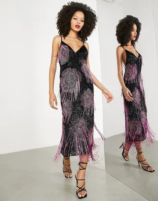 ASOS EDITION embellished cami midi dress with floral fringe in black and pink