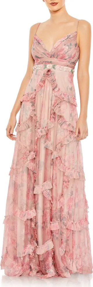 Floral Ruffled A-Line Gown