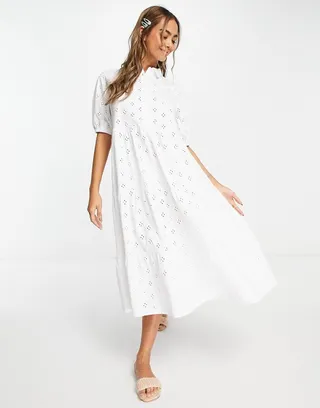 ASOS DESIGN broderie midi tiered shirt dress with short sleeves in white