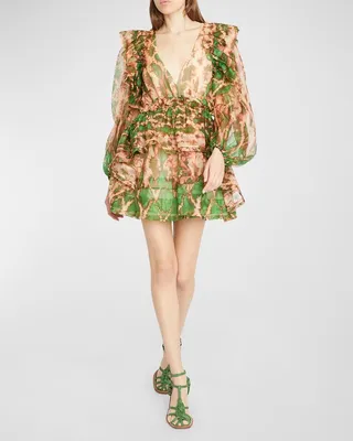 Adelaide Puff-Sleeve Silk Organza Mini Dress