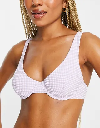 Monki underwire bikini top in lilac gingham