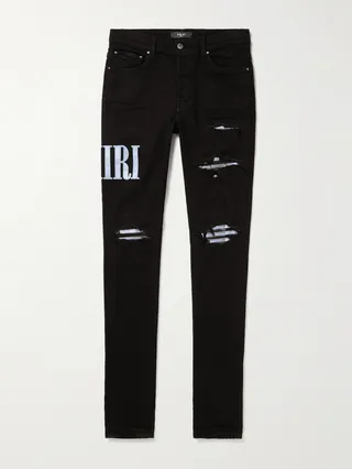 Skinny-Fit Logo-Appliquéd Panelled Distressed Jeans