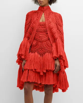 Raffia Embroidered Tiered Fringe Cape