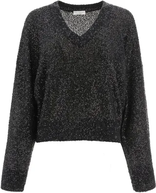 Brunello Cucinelli Sequin-Embellished V-Neck Knitted Jumper