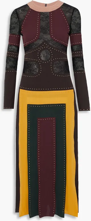 Lace-paneled pleated studded silk crepe de chine midi dress