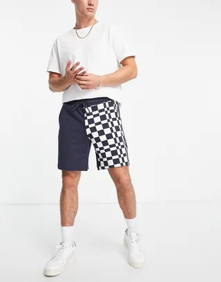 PUMA Downtown shorts in checkerboard color block in navy and white
