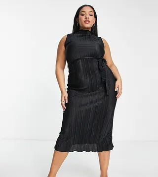 ASOS DESIGN Curve plisse sleeveless midi column dress with self belt in black