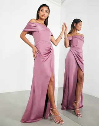 ASOS EDITION satin Bardot drape wrap maxi dress in orchid