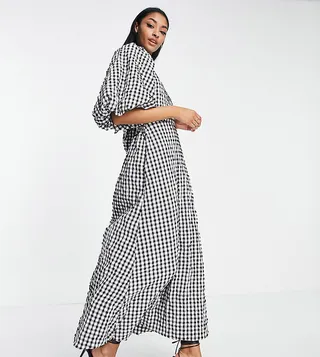 ASOS DESIGN Tall open back puff sleeve maxi dress in textured mono gingham