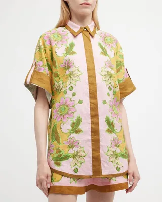 Winnie Tab-Sleeve Button-Front Floral Linen Shirt