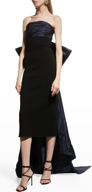 Strapless Draped Taffeta Bow Midi Gown
