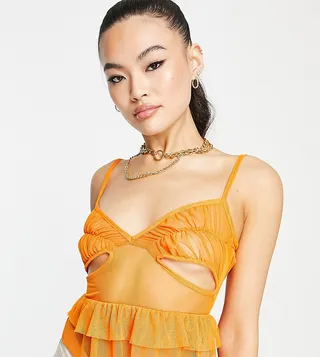 ASYOU ruffle hem mesh cami top in orange