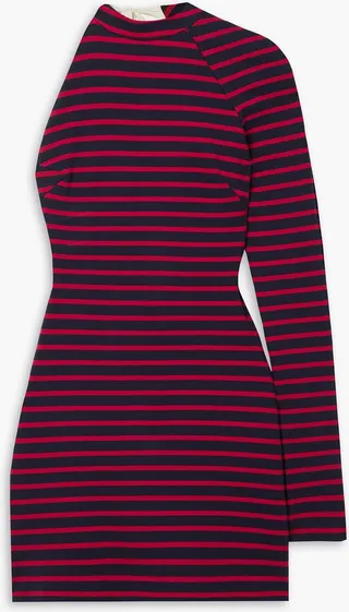 One-sleeve open-back striped cotton-jersey halter neck mini dress