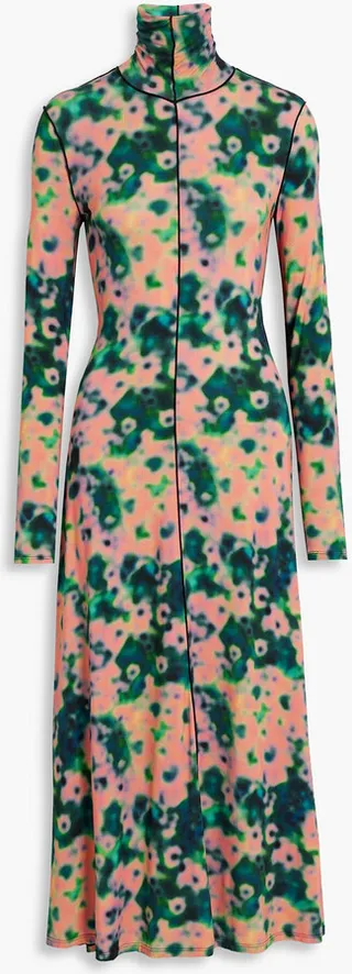 Printed jersey turtleneck midi dress