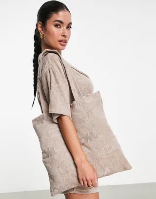 ASOS Weeekend Collective tote bag in terrycloth with WCA burn out in neutral
