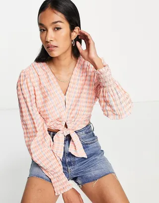 Vila tie front top in textured check in orange
