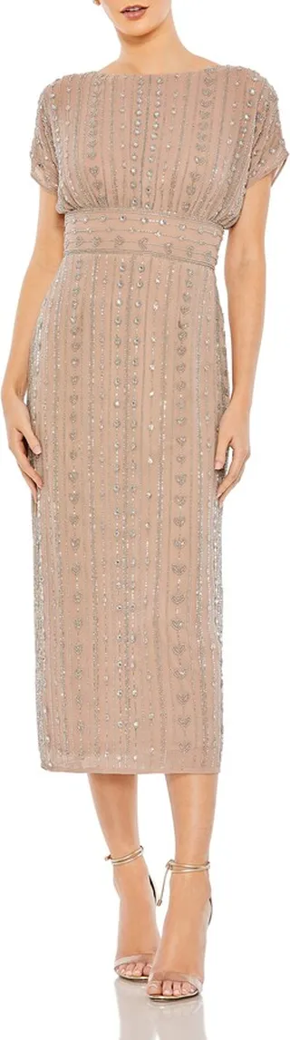 Beaded Empire Waist Column Midi Cocktail Dress