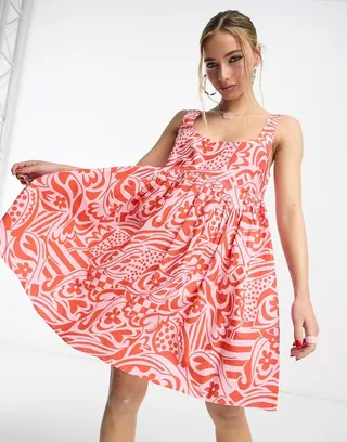 ASOS DESIGN square neck mini smock sundress in pink and red print