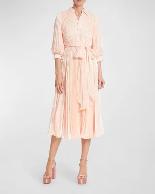 Pleated Shimmer Puff-Sleeve Shirtdress