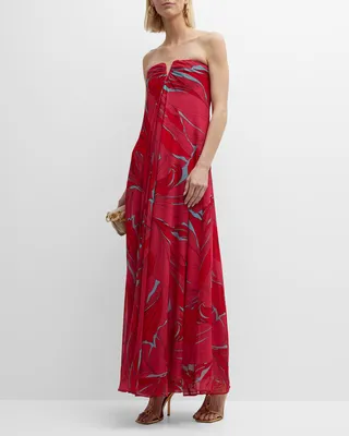 Janelle Strapless Floral-Print A-Line Gown