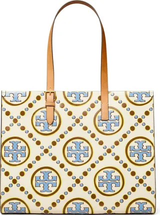 T Monogram Contrast Embossed Tote