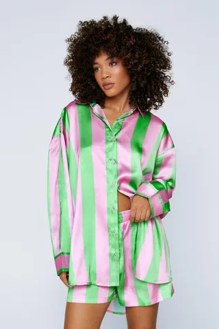 Nasty Gal Womens Satin Stripe Oversized Pajama Short Set