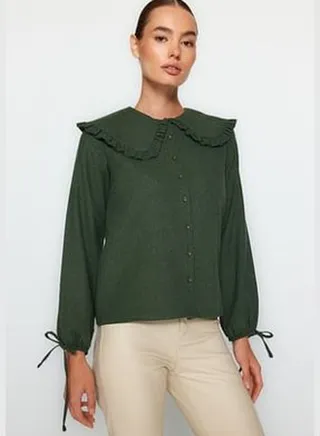 Dark Khaki Big Collar Detailed Woven Shirt TWOAW21GO0677