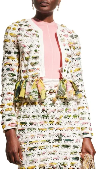 Woven Chiffon Fringe-Hem Crop Crochet Jacket