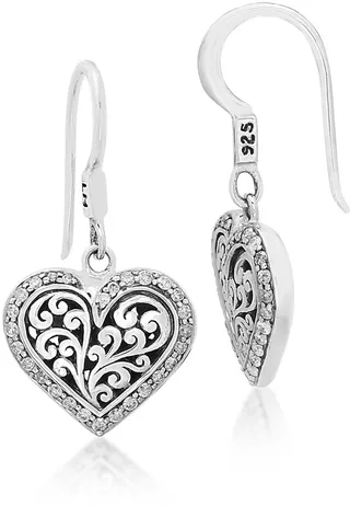 Sterling Silver Diamond Framed Signature Scroll Heart Drop Earrings - 0.5 ctw